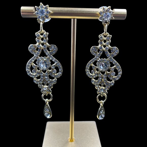 Gold Rhinestone Statement Necklace Earring Set Wedding Glam Elegant Jewelry - Picture 9 of 10